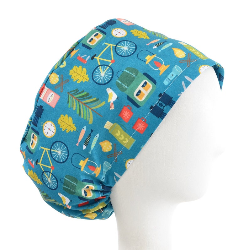 Euro Style Adjustable Surgical Scrub Hat Into the Woods Camp Life Satin Lining Option Scrub Cap