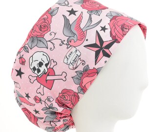 Love Forever Skulls and Roses Scrub Cap, Euro Style Adjustable Surgical Scrub Hat