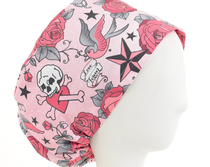 Love Forever Skulls and Roses Scrub Cap, Euro Style Adjustable Surgical Scrub Hat