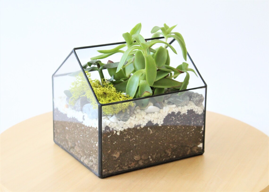 Glass House Terrarium. Stained Glass Planter. Geometric Etsy