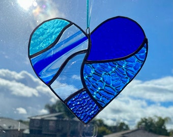 Cobalt and Aqua Blue Stained Glass Heart Mosaic Sun Catcher