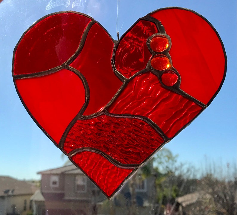 Beautiful Red Stained Glass Heart Mosaic Sun Catcher