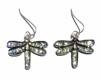 Pale Yellow Crinkle Texture Dragonfly Laser Engraved Etched Dichroic Fused Glass Earrings with Solid Sterling Silver Ear Wires