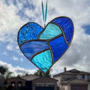 Cobalt and Aqua Blue Stained Glass Heart Mosaic Sun Catcher image 9