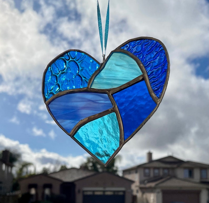 Cobalt and Aqua Blue Stained Glass Heart Mosaic Sun Catcher image 9