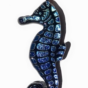 Aqua and Cobalt Blue Seahorse Laser Engraved Etched Dichroic Fused Glass Pendant