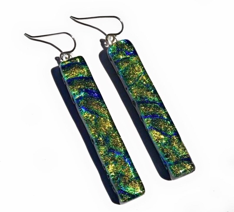 Green Ripple Dichroic Fused Glass Earrings with Solid Sterling Silver Ear Wires zdjęcie 2