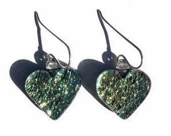 Yellow Teal Green Blue Heart Dichroic Fused Glass Earrings with Solid Sterling Silver Ear Wires. Great for Valentine’s Day!