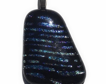 Aqua Blue and Purple Stripe Pattern Dichroic Fused Glass Pendant