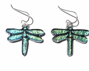 Blue Green Dragonfly Laser Engraved Etched Dichroic Fused Glass Earrings with Solid Sterling Silver Ear Wires