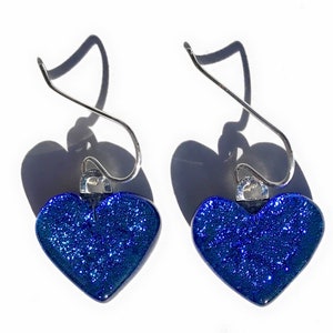 Blue Heart Dichroic Fused Glass Earrings with Solid Sterling Silver Ear Wires. Great for Valentine’s Day!