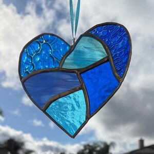 Cobalt and Aqua Blue Stained Glass Heart Mosaic Sun Catcher image 2