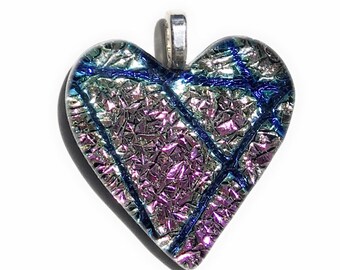 Pink Pixie Stick Crinkle Texture Heart Dichroic Fused Glass Pendant