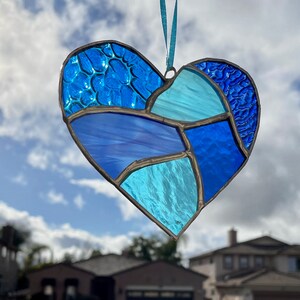 Cobalt and Aqua Blue Stained Glass Heart Mosaic Sun Catcher image 4