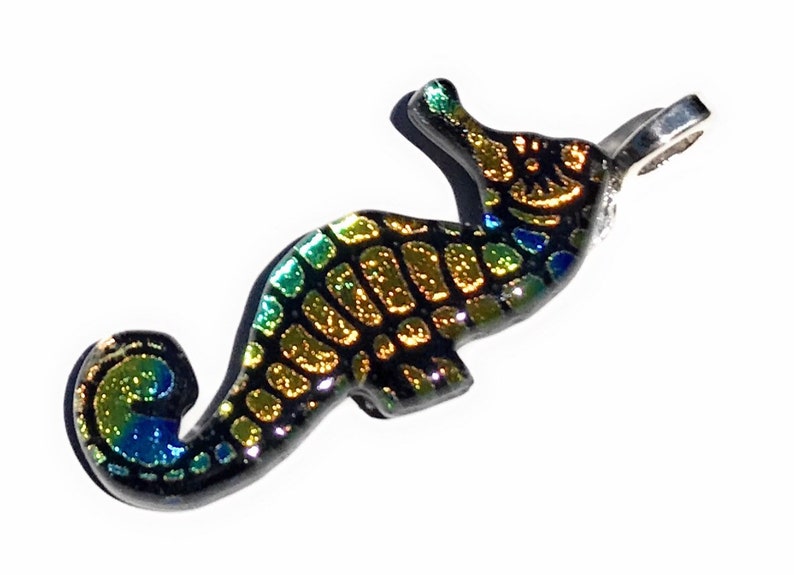 Yellow Orange Seahorse Dichroic Laser Engraved Etched Dichroic Fused Glass Pendant