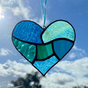 Teal Aqua Blue Stained Glass Heart Mosaic Sun Catcher image 1