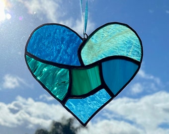 Teal Aqua Blue Stained Glass Heart Mosaic Sun Catcher