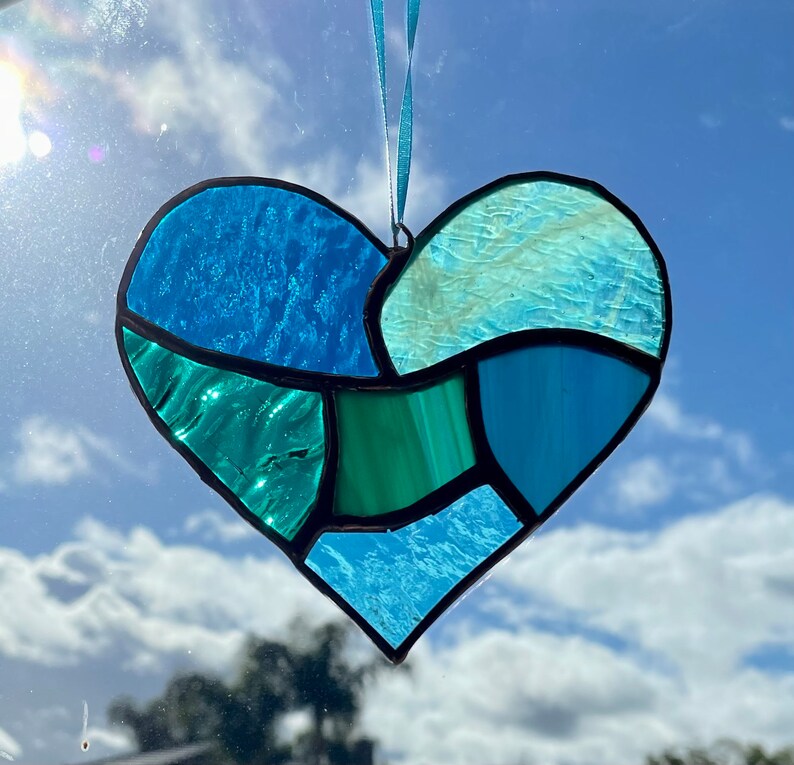 Teal Aqua Blue Stained Glass Heart Mosaic Sun Catcher image 1