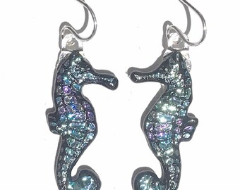 Aqua Blue Crinkle Texture Seahorse Laser Engraved Etched Dichroic Fused Glass Earrings with Solid Sterling Silver Ear Wires