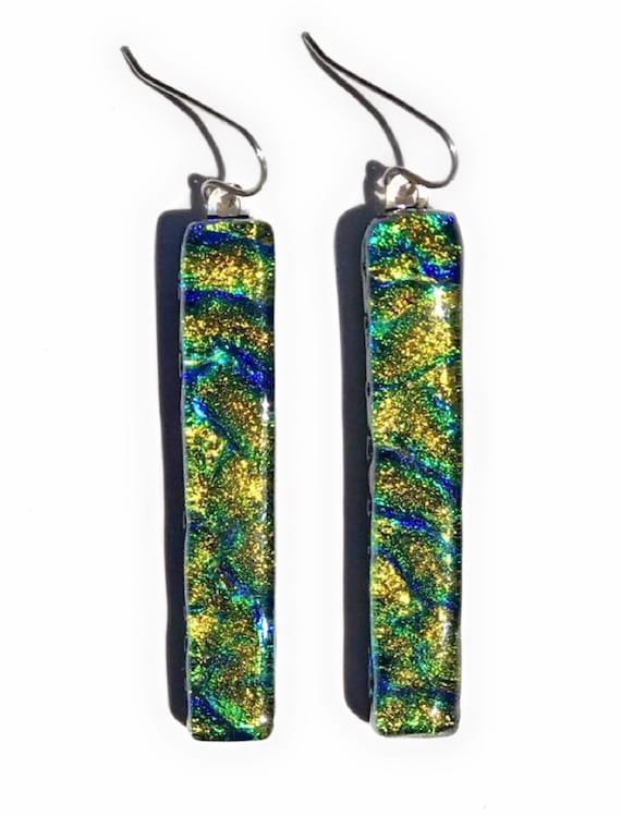 Green Ripple Dichroic Fused Glass Earrings with Solid Sterling Silver Ear Wires