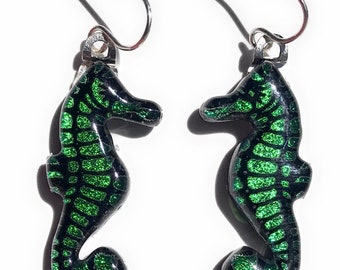 Green Seahorse Laser Engraved Etched Dichroic Fused Glass Earrings with Solid Sterling Silver Ear Wires