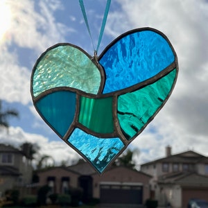 Teal Aqua Blue Stained Glass Heart Mosaic Sun Catcher image 9