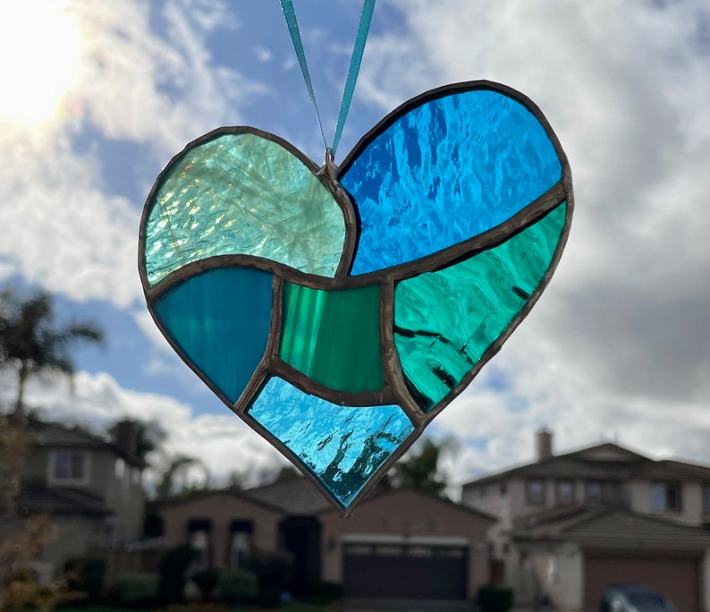 Teal Aqua Blue Stained Glass Heart Mosaic Sun Catcher image 9