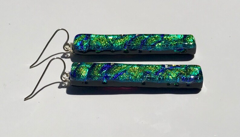Green Ripple Dichroic Fused Glass Earrings with Solid Sterling Silver Ear Wires zdjęcie 10