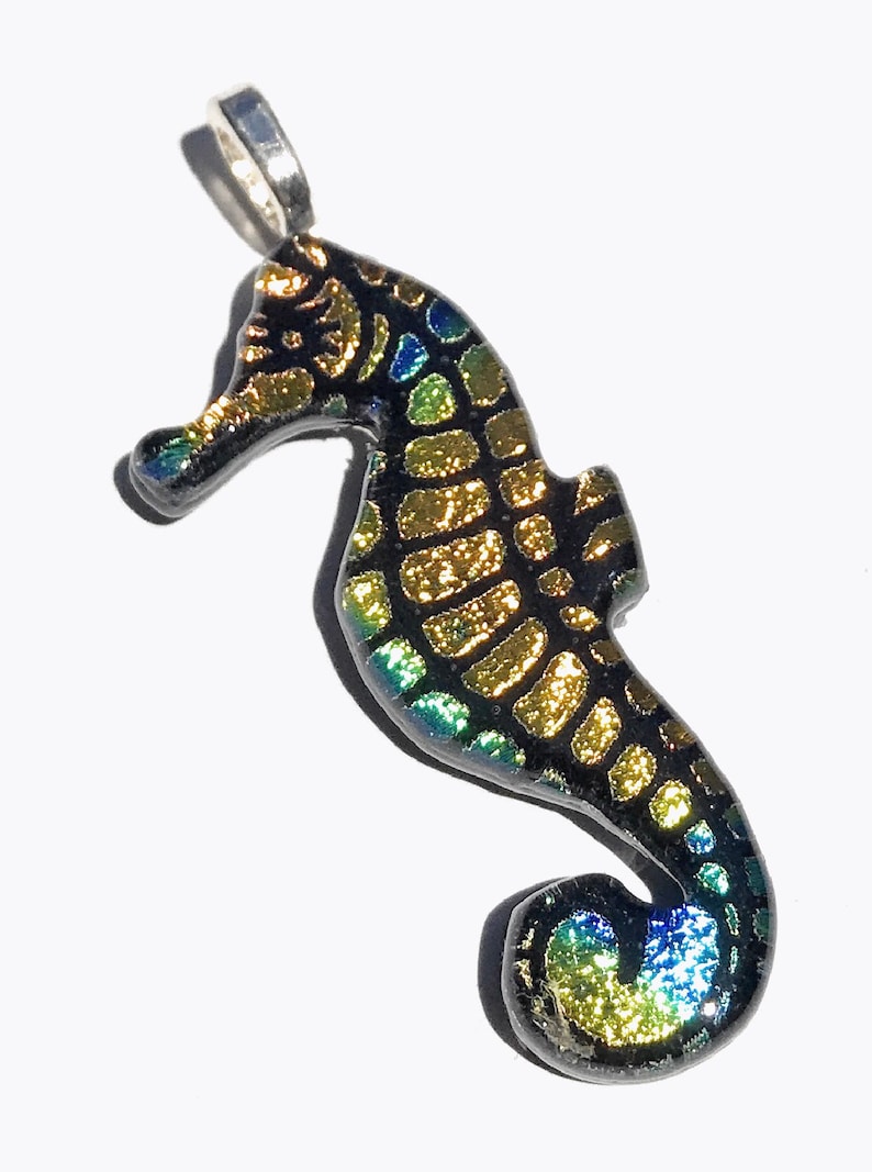Yellow Orange Seahorse Dichroic Laser Engraved Etched Dichroic Fused Glass Pendant
