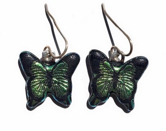 Green Butterfly Laser Engraved Etched Dichroic Fused Glass Earrings with Solid Sterling Ear Wires
