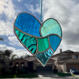 Teal Aqua Blue Stained Glass Heart Mosaic Sun Catcher image 6