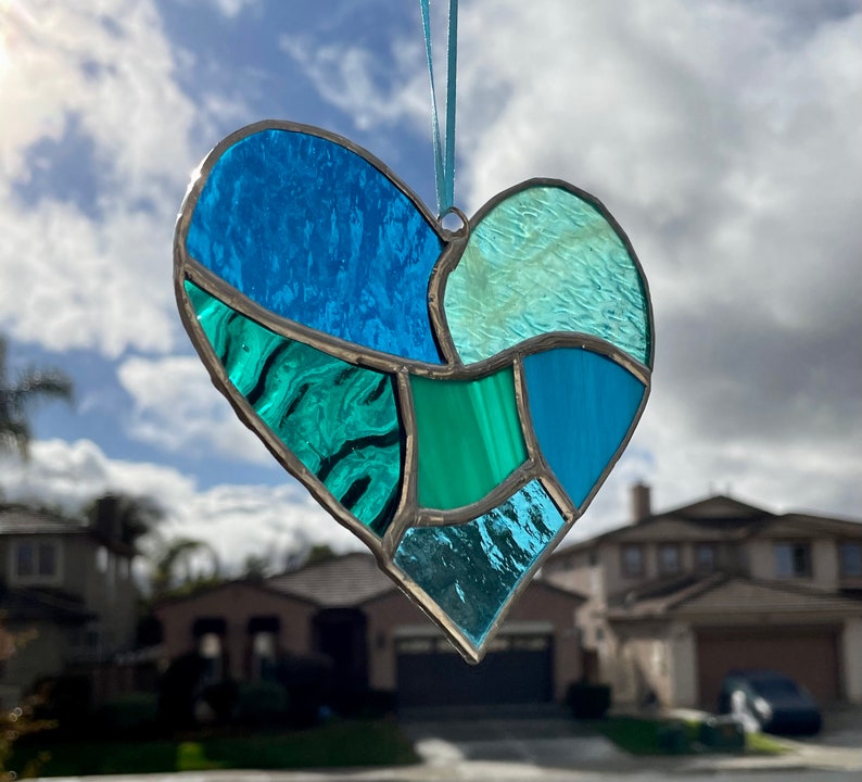 Teal Aqua Blue Stained Glass Heart Mosaic Sun Catcher image 6