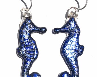 Blue Seahorse Laser Engraved Etched Dichroic Fused Glass Earrings with Solid Sterling Silver Ear Wires