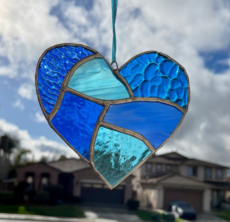 Cobalt and Aqua Blue Stained Glass Heart Mosaic Sun Catcher image 3