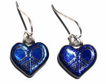 Blue Peace Sign Heart Laser Engraved Etched Dichroic Fused Glass Earrings with Solid Sterling Silver Ear Wires