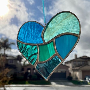 Teal Aqua Blue Stained Glass Heart Mosaic Sun Catcher image 7