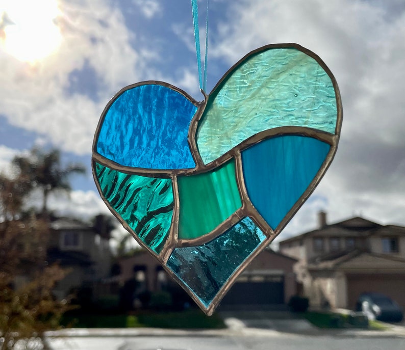 Teal Aqua Blue Stained Glass Heart Mosaic Sun Catcher image 7