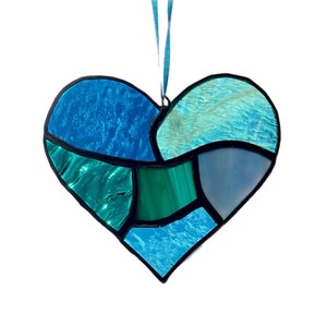 Teal Aqua Blue Stained Glass Heart Mosaic Sun Catcher image 5