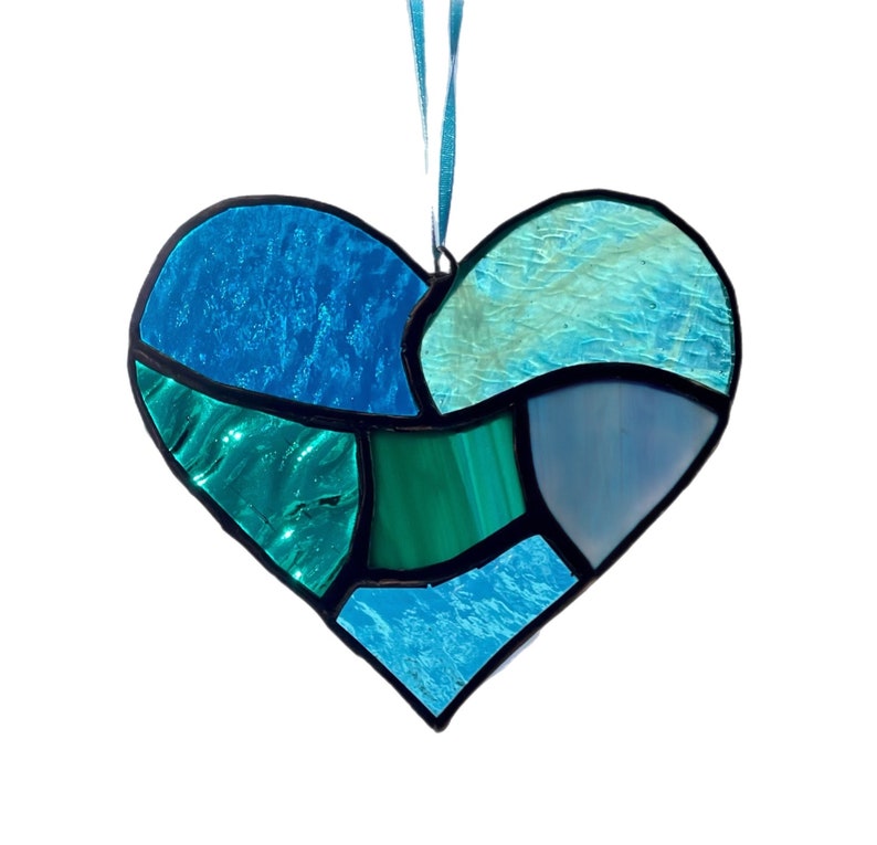 Teal Aqua Blue Stained Glass Heart Mosaic Sun Catcher image 5