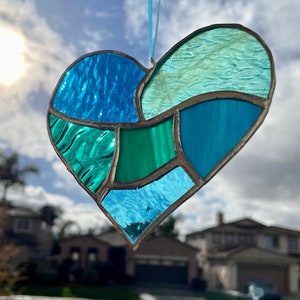 Teal Aqua Blue Stained Glass Heart Mosaic Sun Catcher image 8