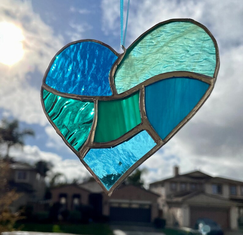 Teal Aqua Blue Stained Glass Heart Mosaic Sun Catcher image 8