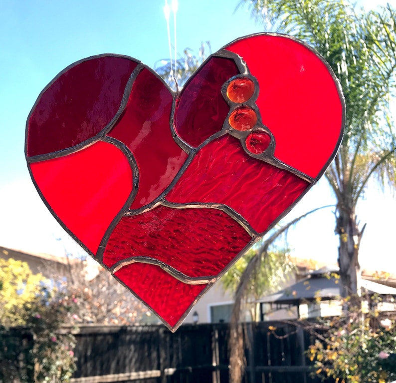 Beautiful Red Stained Glass Heart Mosaic Sun Catcher