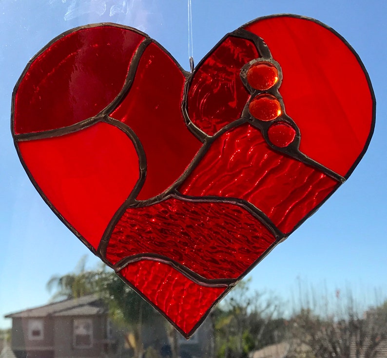 Beautiful Red Stained Glass Heart Mosaic Sun Catcher