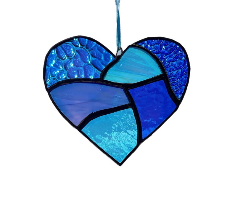 Cobalt and Aqua Blue Stained Glass Heart Mosaic Sun Catcher image 5