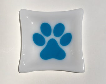 White Blue Paw Print Large Fused Glass Square Dish 7 inch