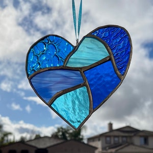 Cobalt and Aqua Blue Stained Glass Heart Mosaic Sun Catcher image 7