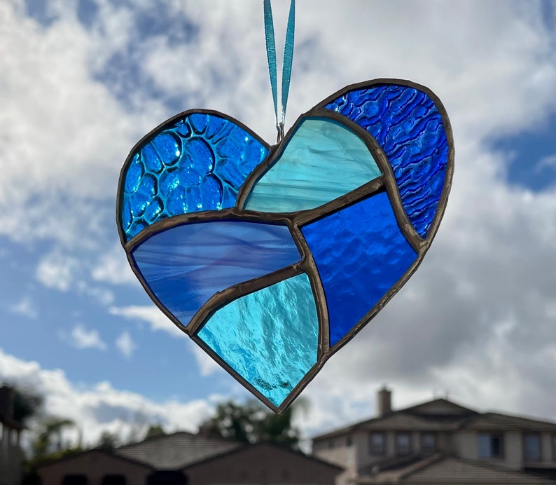 Cobalt and Aqua Blue Stained Glass Heart Mosaic Sun Catcher image 7