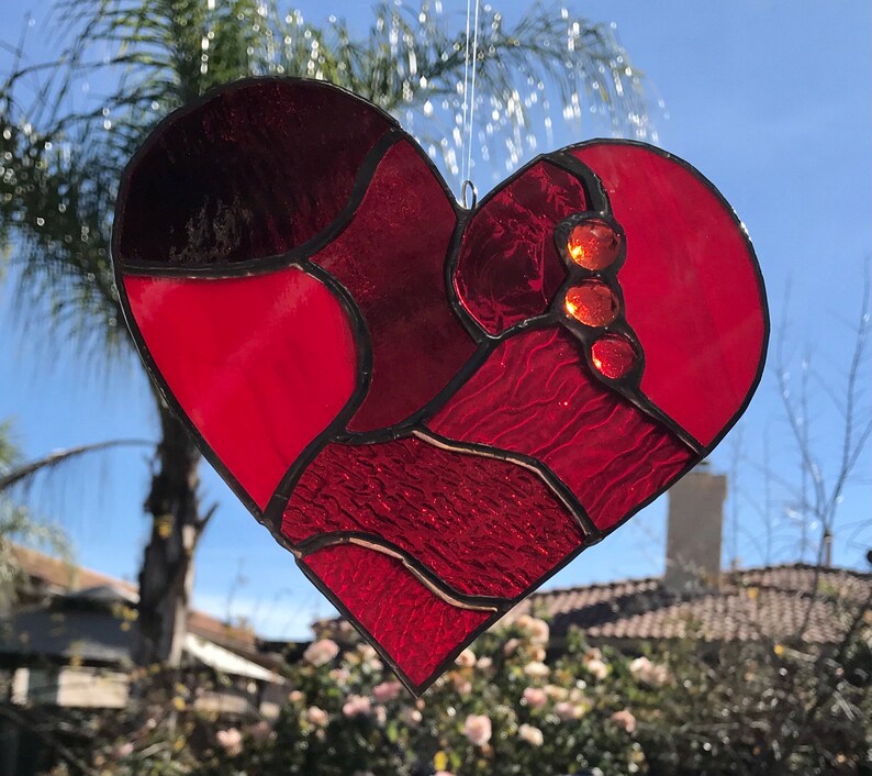 Beautiful Red Stained Glass Heart Mosaic Sun Catcher