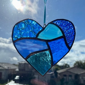 Cobalt and Aqua Blue Stained Glass Heart Mosaic Sun Catcher image 6