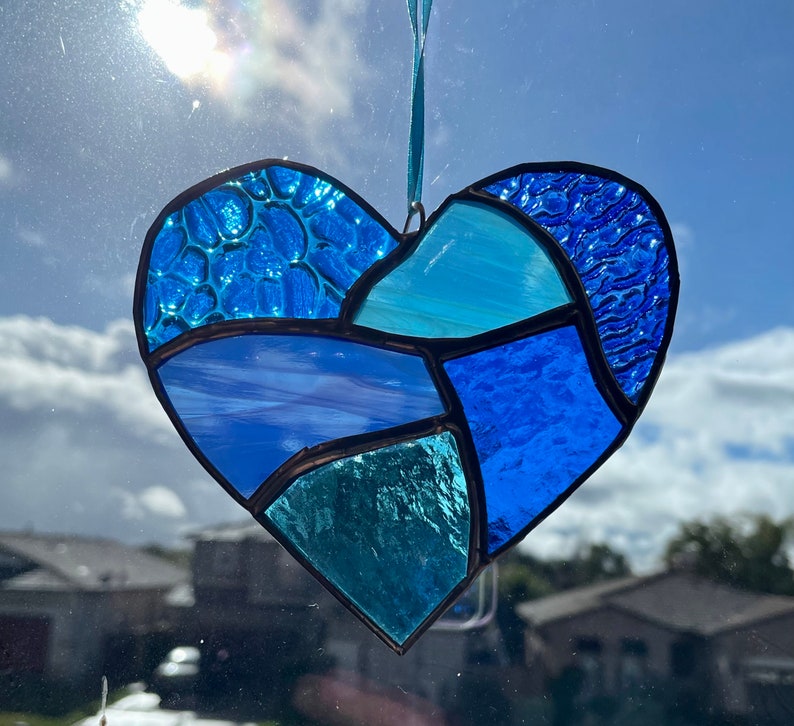 Cobalt and Aqua Blue Stained Glass Heart Mosaic Sun Catcher image 6